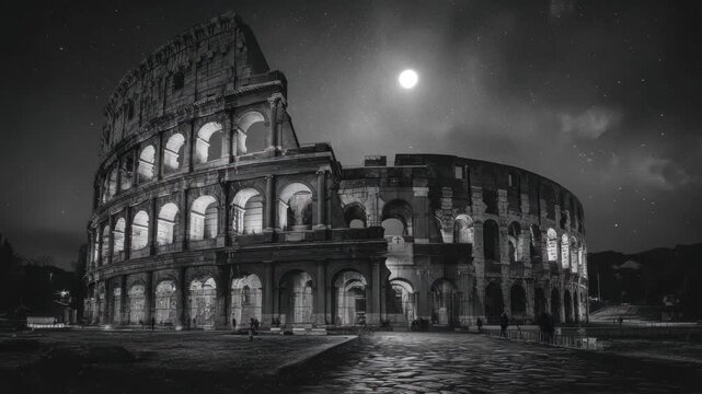 Night view of the Colosseum in Rome under a bright moon with stars illuminating the ancient structure and cobblestone surroundings