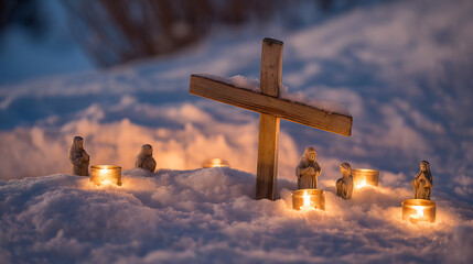 Cross with candles and sculptures in the snow create a solemn, peaceful scene. The warm candlelight contrasts against the cold snow, evoking a sense of quiet reflection.