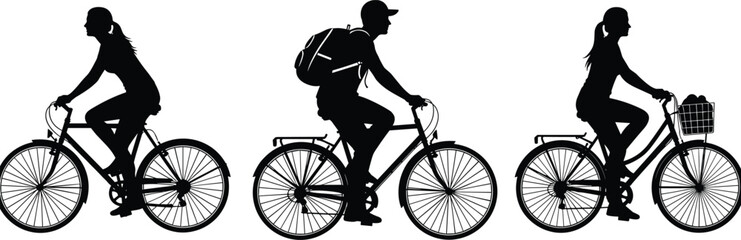 Obraz premium Bicycle Riders Silhouette Vector Set, Cyclist Man with Backpack and Women Riding Bikes, Isolated Black Graphic