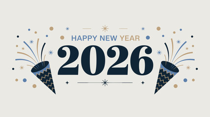festive happy new year 2026 celebration graphic with confetti and party poppers, elegant holiday greeting design for cards, banners, and seasonal decoration