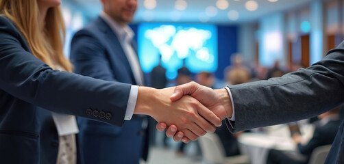 Business professionals shake hands during conference. Formal attire symbolizes trust, collaboration. Networking event fosters connections, deals. Focus on partnership, success in global business.