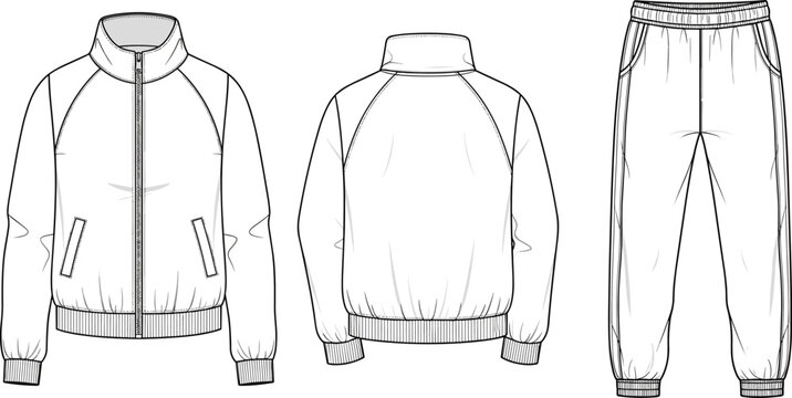 Technical Fashion Flat Sketch of Tracksuit, Bomber Jacket and Jogger Pants Vector, Apparel Template Design CAD Illustration