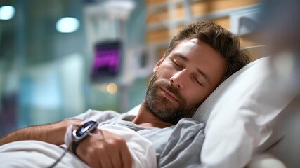 In hospital sick male patient sleeps on bed heart rate monitor equipment on finger medical care patient monitoring healthcare technology vital signs tracking hospital - Powered by Adobe