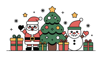 Christmas Cheer: Festive holiday scene, a jolly character, cheerful snowman, decorated Christmas tree, presents, and snowflakes, embodying the spirit of the season. 