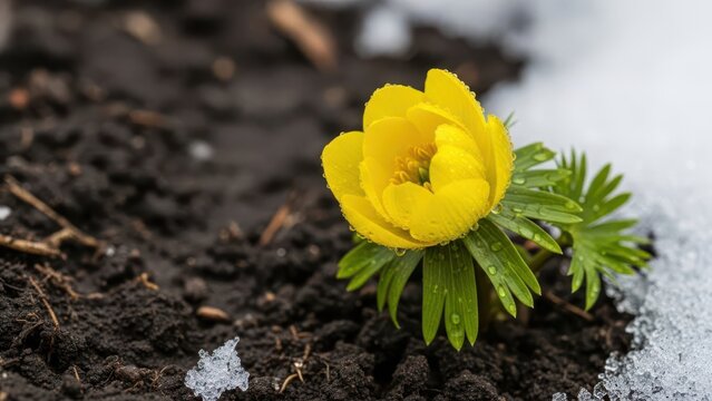 Winter aconite blooming flower symbolising spring growth overcoming snow on ground in sunlight