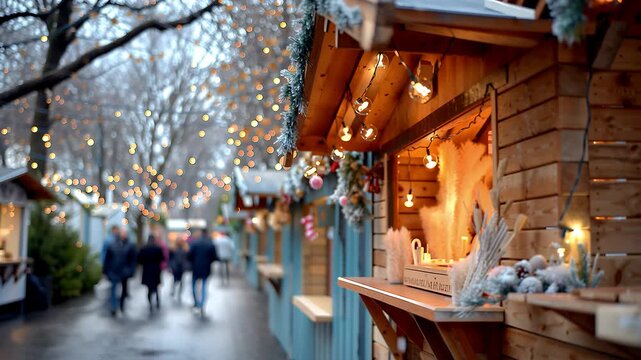 Stimmungsvolle Szenen vom winterlichen Weihnachtsmarkt mit Lichterketten und Holzh&uuml;tten