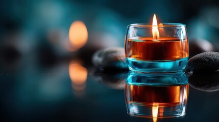 Burning yahrzeit candle reflection in a small glass for memorial and remembrance