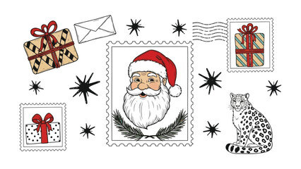 Festive Christmas Stamps and Gifts: This illustration presents a collection of festive stamps and gift boxes, conjuring the spirit of Christmas.