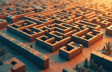 Isometric maze illustration in 3D design. Complex network of pathways creates challenging puzzle concept. Abstract background represents strategy, decision making. Suitable for tech business themes.