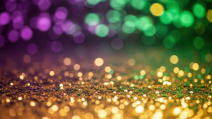 Glittering mardi gras background with golden confetti and blurry green and purple bokeh lights