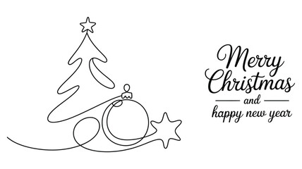 minimalist continuous line art christmas tree with ornaments and star, elegant holiday greeting design featuring merry christmas and happy new year text
