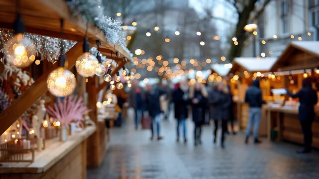 Stimmungsvolle Szenen vom winterlichen Weihnachtsmarkt mit Lichterketten und Holzh&uuml;tten