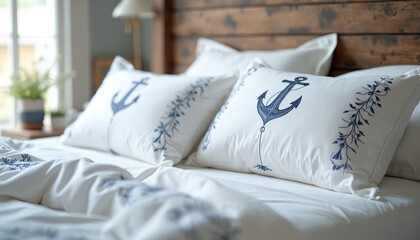 Bedroom interior with neatly made bed. White bedding features blue anchor, floral patterns on soft pillows. Rustic wooden headboard creates cozy nautical theme. Clean sheets offer comfort for hotel