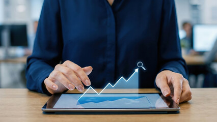 Businesswoman using tablet with digital graph showing growth and success, symbolizing progress and achievement in work