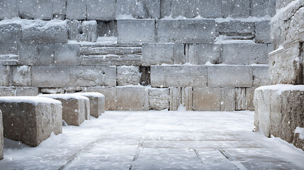 Ancient stone blocks, dusted with winter snow, evoke a sense of timelessness and serene beauty. A classic winter landscape, captured in monochrome tones.