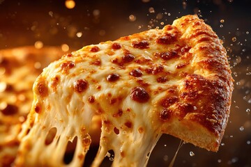 Cheesy Pizza Slice with Stretching Melted Cheese in Dramatic Lighting