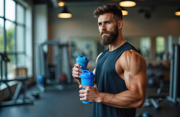 Muscular bearded man rests after workout in modern gym. Handsome athlete holds two blue shakers with sport nutrition supplement. Strong bodybuilder drinks protein for muscle recovery after heavy