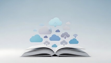 Cloud computing concept with book and floating data icons technology