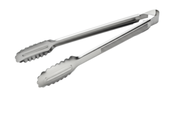 Professional stainless steel grilling tongs with serrated edges isolated on a brilliant white background with copy space. Concept for culinary advertising