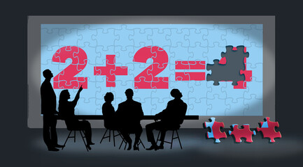 Corporate inefficiency and analysis paralysis is seen in this business team meeting to solve the puzzle problem of two plus two. They discuss possible solutions to the problem in a 3-d illustration.