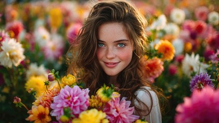Naklejka premium Beautiful Young Woman Portrait Surrounded by Colorful Blooming Flowers