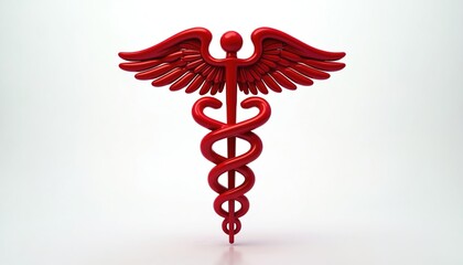 Red caduceus medical symbol on white. The staff of with two snakes. Design element for healthcare pharmacy logos. Isolated illustration graphic.