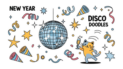 Disco Doodle: A whimsical illustration featuring a celebratory cat, a disco ball, and festive confetti, capturing the essence of a fun-filled New Year's celebration.  © Tahura