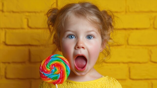 Surprised little girl with colorful rainbow lollipop on bright yellow background - Powered by Adobe