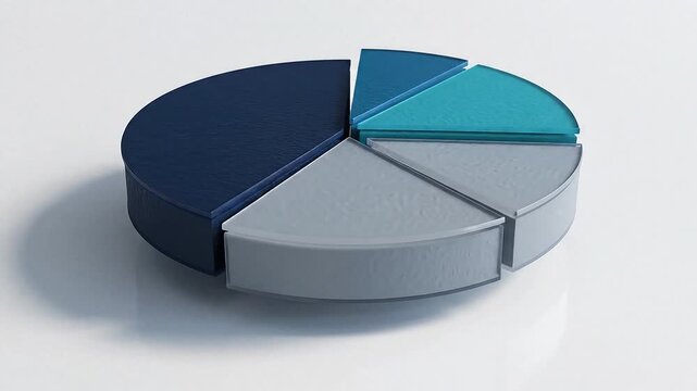 Dynamic 3D pie chart visually representing business data analysis and market segmentation insights against a pristine white background for strategic decision-making and clear understanding