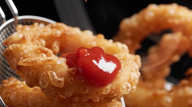 Golden fried crispy onion rings with red ketchup sauce pouring over on dark background