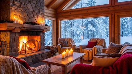 Cozy living room with fireplace in a rustic log cabin winter scene