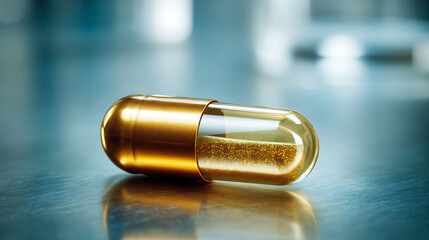 A golden medical capsule filled with golden particles rests horizontally on a reflective surface, symbolizing health, medicine, and the potential of pharmaceuticals. The golden hue conveys quality.