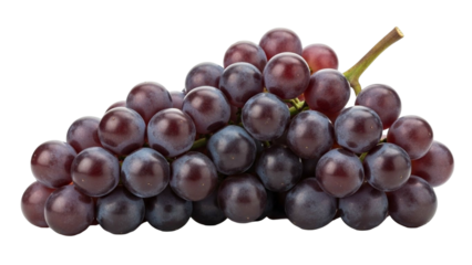 A plump and juicy bunch of deep purple grapes, still on their vibrant green stem, photographed with crisp lighting to highlight their natural freshness and appealing, ripe cluster