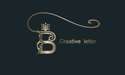 Creative Gold Letter B with Large Swirl and Crown. Regal unique hand-drawn design. Vintage Drawn Emblem for Book Design, Brand Name, Business Card, Restaurant, Boutique, Hotel. Vector illustration