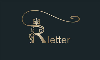 Creative Gold Letter R with Large Swirl and Crown. Regal unique hand-drawn design. Vintage Drawn Emblem for Book Design, Brand Name, Business Card, Restaurant, Boutique, Hotel. Vector illustration