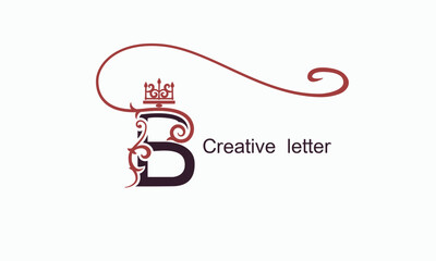 Creative Stylish Letter B with Large Swirl and Crown. Regal unique hand-drawn design. Vintage Drawn Emblem for Book Design, Brand Name, Business Card, Restaurant, Boutique, Hotel. Vector illustration