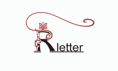 Creative Stylish Letter R with Large Swirl and Crown. Regal unique hand-drawn design. Vintage Drawn Emblem for Book Design, Brand Name, Business Card, Restaurant, Boutique, Hotel. Vector illustration