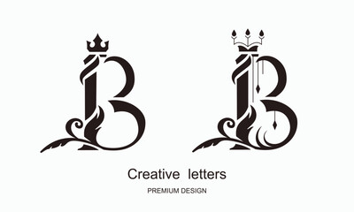 Letter B with Crown. Graceful Royal Style. Luxurious Art Logo Design, Black and White. Vintage Drawn Emblem for Book Design, Brand Name, Business Card, Restaurant, Boutique, Hotel. Vector illustration