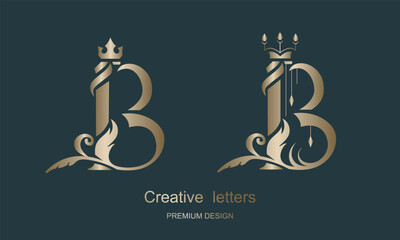 Gold Letter B with Crown. Graceful Royal Style. Luxurious Art Logo Design. Vintage Drawn Emblem for Book Design, Brand Name, Business Card, Restaurant, Boutique, Hotel. Vector illustration