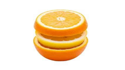 Vibrant citrus stack featuring perfectly sliced oranges and lemons, showcasing their refreshing colors and juicy pulp against a clean white background, highlighting healthy natural ingredients
