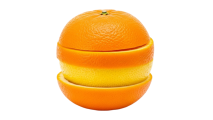 A vibrant orange fruit sliced to reveal a contrasting yellow lemon slice, creating a unique hybrid citrus concept on a white background