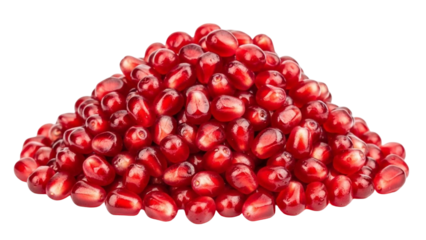 A vibrant mound of fresh, glistening ruby red pomegranate seeds, carefully separated and piled high, showcasing their succulent texture, isolated on a pristine white background