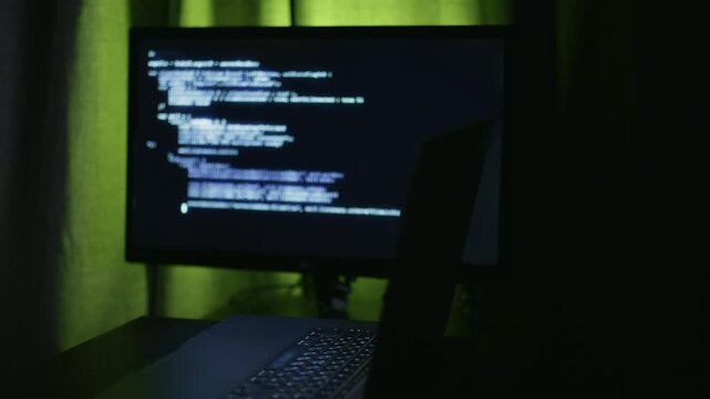 Security analyst typing commands on laptop under green light remote scan vulnerability assessment closeup on hands and keyboard with terminal output tense investigative mood network monitoring visuals