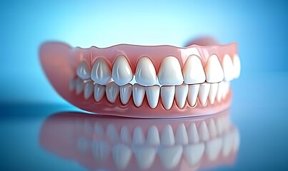 Denture teeth set on reflective surface artificial complete prosthetic teeth