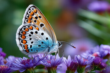 Obraz premium Butterfly on Purple Flowers Macro Close Up