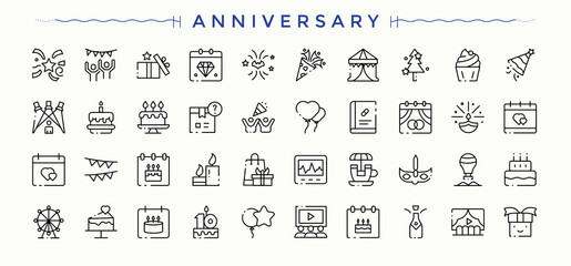 Anniversary icon set. Containing surprise, decoration, festival, happy, fun, celebration and more. Entertainment icon set. Vector icons collection. Vector collections.