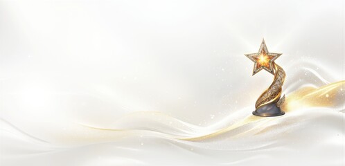 Star trophy on white background. Golden waves and sparkling light. Elegant award template. Celebration theme.