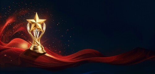 Star trophy with red fabric. Elegant award ceremony background. Golden winner concept. Luxurious celebration
