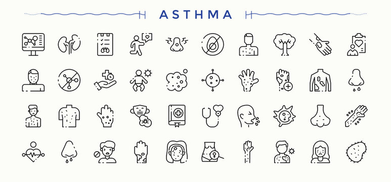 Asthma icon collection. Allergic related icon set. Modern linear icons. Included treatment, pollen, allergic, disease and more. Editable stroke. Vector illustration. - Powered by Adobe
