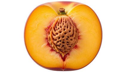 Symmetrical cross section of perfectly ripe peach highlighting fuzzy skin and central stone, showcasing vibrant colors and intricate details